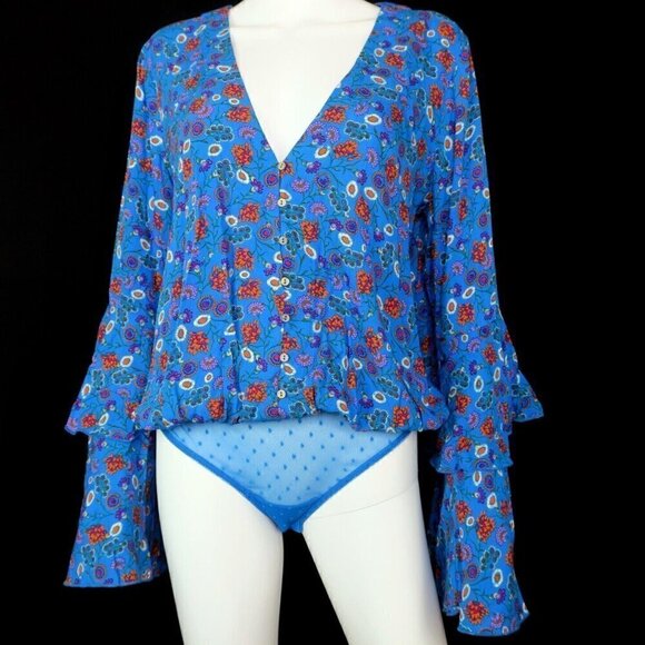 Free People Intimately She's Dainty Blue Bodysuit Top Flared Sleeve Medium - Picture 1 of 4